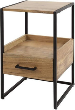 Nachtkastje Niche XS Acacia hout met Open Vak en Lade - Compact Design met Metalen Onderstel - Bijzettafel - Halkastje - 35x35x55 cm - Ideaal voor Kleine Slaapkamers