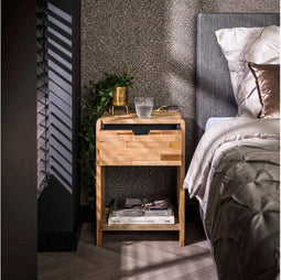 Nachtkastje Rib Teakhout met Lade 40x30x55 cm - halkastje - bijzettafel - Uniek Design - Speelse Strookjesstructuur