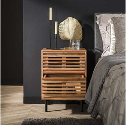Nachtkastje Rio van Massief Acaciahout met 2 Lades - Speels Design - Halkastje - Bijzettafel - 45x35x63 cm - Natuurlijke Uitstraling voor Slaapkamer