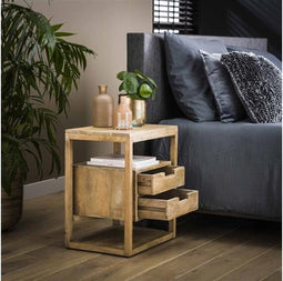 Nachtkastje Sahara met 2 Lades Massief Mangohout Zandkleur - Bijzettafel - Opbergmeubel - Modern design - 45x35x55 cm
