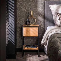 Nachtkastje Straight Wood met lade acacia 30x30x55 cm - Halkastje - Bijzettafel - Minimalistisch design - Zwart metaal