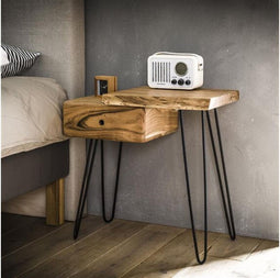 Nachtkastje Timber Rechts Massief Acaciahout met Boomstamrand en Zwart Metalen Poten - Naturel - 60x32x59 cm