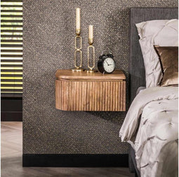 Nachtkastje Wave hangend Set van 2 L+R Mangohout Zandkleur - Uniek Golvend Design - Ruimtebesparend Zwevend Model - 40x35x20 cm