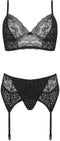 Sanne 3-delig Lingerie-set - Bralette G-string Jarretelgordel - Zwart