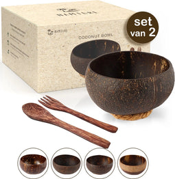 Namture - Kokosnoot Kom Set Natural - 2 Kommen & 2 Houten Lepels - Coconut Bowl - Zero Waste & Duurzaam - Jumbo Maat - Duurzaam Cadeau