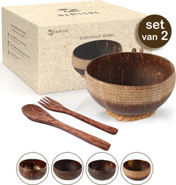 Namture - Kokosnoot Kom Set Striped - 2 Kommen & 2 Houten Lepels - Coconut Bowl - Zero Waste & Duurzaam - Jumbo Maat - Duurzaam Cadeau