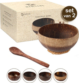 Namture - Kokosnoot Kom Set Striped - 2 Kommen & 2 Houten Lepels - Coconut Bowl - Zero Waste & Duurzaam - Medium Maat - Duurzaam Cadeau
