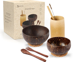 Namture Starter Set (9-delig)- Coconut Bowls - Bamboe Beker - Medium Kokosnoot Kom - Houten bestek - Bamboe Rietje - 100% Natuurlijk - Duurzaam