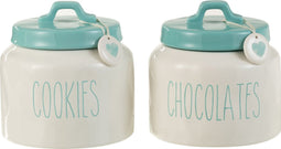 J-Line voorraadpot Cookies/Chocolates - keramiek - blauw/wit - 2 stuks
