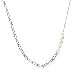 Laura Ferini Dames Ketting Perla - Asymmetrische Schakelketting met Parels - 18K Wit Verguld - Zilver