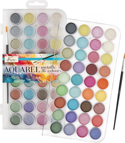 Nassau Fine Art Metallic Aquarelverf Set 36 Kleuren + 1 Penseel - Metallic Aquarelverf voor Volwassenen en Beginners - Aquarelverf Napjes - Creatief en Hobbyverf