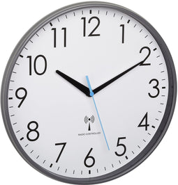 TFA Dostmann analoge radiogestuurde wandklok, 60.3549.10, met kunststof frame, diameter 30 cm, keukenklok, blauwe secondewijzer, witgrijs