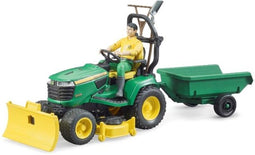 Bruder John Deere zitmaaier met aanhanger en tuinman