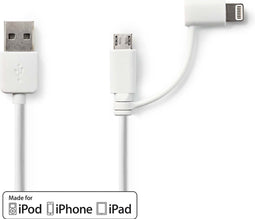 Nedis 2-in-1-Kabel - USB 2.0 - USB-A Male - Apple Lightning 8-Pins / USB Micro-B Male - 480 Mbps - 1.00 m - Vernikkeld - Rond - PVC - Wit - Polybag