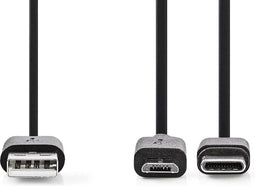 Nedis 2-in-1-Kabel - USB 2.0 - USB-A Male - USB Micro-B Male / USB-C Male - 480 Mbps - 1.00 m - Vernikkeld - Rond - PVC - Zwart - Blister