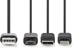 Nedis 3-in-1-Kabel - USB 2.0 - USB-A Male - Apple Lightning 8-Pins / USB Micro-B Male / USB-C Male - 480 Mbps - 1.00 m - Vernikkeld - Rond - PVC - Zwart - Polybag