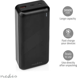 Nedis Powerbank - 30000 mAh - 1.5 / 2.0 / 3.0 A - Outputs: 2 - Output: 1x USB-A / 1x USB-C - Inputs: 1x Micro USB / 1x USB-C - PD3.0 20W - Lithium-Polymeer