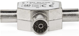 Nedis Satelliet- en Antenne-Adapter - 2x Coax Male - IEC (Coax) Female - Vernikkeld - 75 Ohm - T-Splitter - Metaal - Zilver - 1 Stuks - Doos