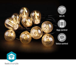Nedis SmartLife Decoratieve Verlichting - Feestverlichting - Wi-Fi - Warm Wit - 10 LED's - 9.00 m - Android - Diameter bulb: 45 mm