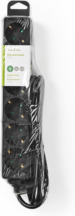 Nedis Stekkerdoos - Randaarde stekker / Type F (CEE 7/7) - 6-wegs - 1.50 m - 3680 W - 16 A - Soort aarding: Zijcontacten - 230 V AC 50/60 Hz - Hoek van stopcontact: 45 ° - H05VV-F 3G 1,5 mm² - Zwart