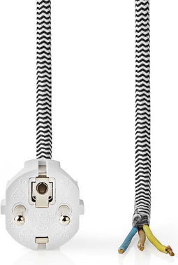 Nedis Stroomkabel - Type F (CEE 7/7) Male - Open - Recht - Recht - Vernikkeld - 3.00 m - Rond - Katoen - Wit / Zwart - Label