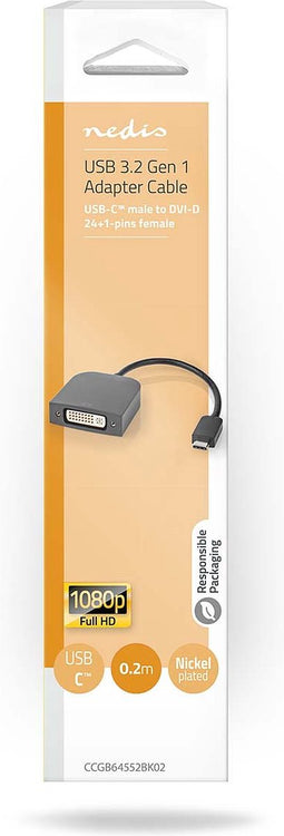 Nedis USB-C Adapter - USB 3.2 Gen 1 - USB-C Male - DVI-D 24+1-Pins Female - 1080p - 0.20 m - Rond - Vernikkeld - PVC - Zwart - Doos