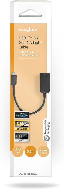 Nedis USB-C Adapter - USB 3.2 Gen 1 - USB-C Male - HDMI Output - 4K@60Hz - 0.20 m - Rond - Vernikkeld - PVC - Zwart - Doos