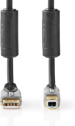 Nedis USB-Kabel - USB 2.0 - USB-A Male - USB-B Male - 2.5 W - 480 Mbps - Verguld - 5.00 m - Rond - PVC - Antraciet - Doos