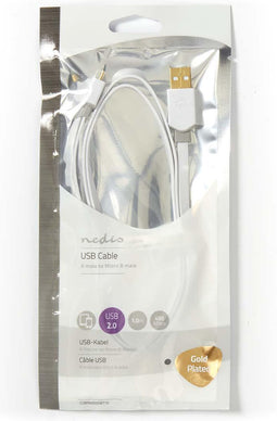 Nedis USB-Kabel - USB 2.0 - USB-A Male - USB Micro-B Male - 480 Mbps - Verguld - 1.00 m - Plat - PVC - Wit - Polybag