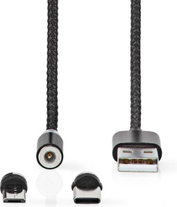 Nedis USB-Kabel - USB 2.0 - USB-A Male - USB Micro-B Male / USB-C Male - 10 W - No Data Transfer - Vernikkeld - 2.00 m - Rond - Nylon - Zwart - Doos