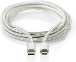Nedis USB-Kabel - USB 2.0 - USB-C Male - USB Micro-B Male - 10 W - 480 Mbps - Verguld - 3.00 m - Rond - Gevlochten / Nylon - Aluminium - Cover Window Box