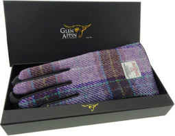 Dames Handschoenen Roze en Lila met Zwart Leer - Harris Tweed - Glen Appin of Scotland