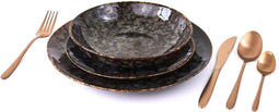 GLAMOMAX'S Choice - Serviesset Black Hazy - inclusief Koperkleurig Bestekset - 4 Persoons - Porselein - Zwarte Borden - Dinerborden - Bordenset