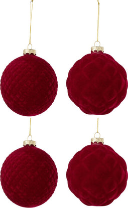 J-Line kerstbal - fluweel - rood - large - doos van 4 stuks - kerstversiering