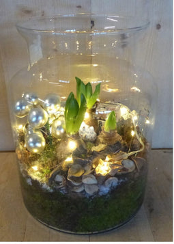 KERSTSTUKJE 'IVANOVO' MELKFLES GLAS 30 CM HOOG HYACINTEN MET LAMPJES EN ZILVEREN KERSTBALLETJES WARENTUIN NATUURLIJK