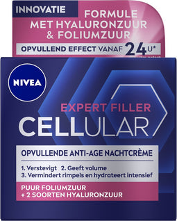 NIVEA CELLular Expert Filler Anti-Age Nachtcrème - Alle Huidtypes - Crème met Hyaluronzuur en Foliumzuur - Hydraterend en Anti-Rimpel Effect - 50 ml