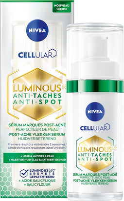 NIVEA Cellular LUMINOUS630 Anti-Spot Post-Acne vlekken Serum Gezicht - Acneverzorging - Onzuivere huid - Gezichtsserum Met salicylzuur en Hyaluronzuur - 30 ml