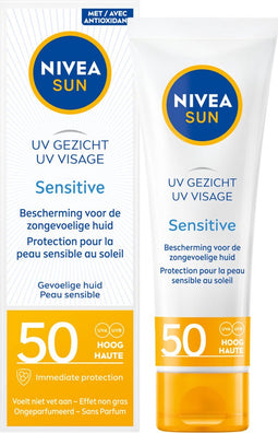 NIVEA SUN Face Sensitive Zonnebrand Gezicht - SPF 50 - Voor de gevoelige huid - Zonnebrandcrème - Parfumvrij - 50 ml