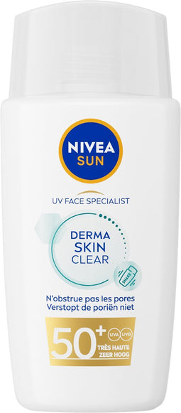 NIVEA SUN UV Face Derma Skin Clear Ultralichte Zonnebrand Gezicht - SPF 50+ - Voor de onzuivere huid - Zonnecrème met Niacinamide - Voorkomt Puistjes en Acne - Trekt Snel In - 40ml