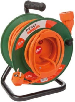 Perel Verlengkabel op haspel, gebruik binnenshuis, penaarde, thermische beveiliging, kabellengte 25 m, 3G1.5, oranje/groen