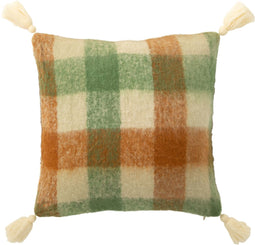 J-Line kussen Ruitjes + Kwastjes - acryl - wit/groen/bruin