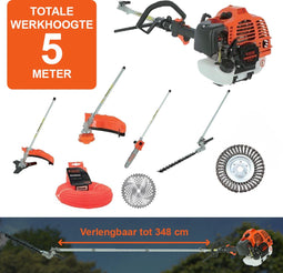 Kibani 6-in-1 Multitool XXL - Werkhoogte 5 meter - 52 cc / 1.9 PK 2-takt Benzine Motor - Heggenschaar, Kettingzaag, Grastrimmer, Maaidraad 100M, Onkruidborstel, Zaagblad, Maaidraad 100 m & Bosmaaier