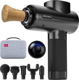 Northwall Massage Gun Professioneel PRO - Massage Pistool Inclusief Koffer en 6 Opzetstukken incl. Eikenhouten Massagekop - Krachtig en Draadloos Sport en Relax Massage Apparaat