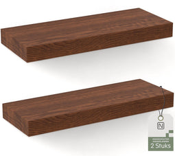 Noswo Zwevende Wandplank - Set van 2 met 15 kg Laadvermogen - Massief Mango hout - Muurplank - 43x16,8 x4 cm - Te gebruiken als Wandplank, Boekenplank en Fotoplank - Inclusief Bevestigingsmateriaal