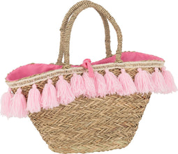 J-Line strandtas Kwasten - jute/textiel - naturel/roze