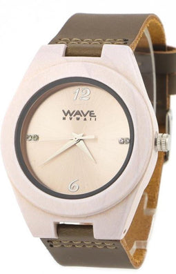Wave Hawaii Horloge Citizen Miyota Heren 4 Cm Hout/leer Wit/bruin