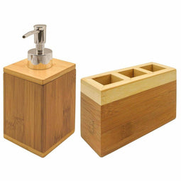 Badkamerset 2-delig bamboe hout 13 cm - Navulbare zeep houder - Toilet/badkamer accessoires