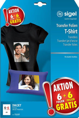 Sigel inkjet transferfolie - A4 - blanco - 6 vel + 6 vel gratis - voor donkere kleding / textiel - SI-T1157