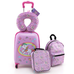 Coast Kofferset - 4-Delig - Trolley Rugzak Nekkussen Lunchtas - Roze Eenhoorn