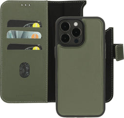 Mobiparts iPhone 15 Pro Max - 2 in 1 Wallet Case - Echt leer met uitneembare backcover - Groen